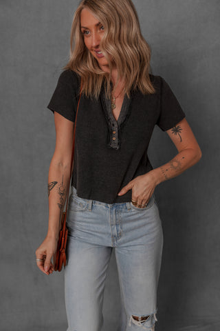 women modeling a henley style waffle knit tshirt