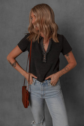 women modeling a henley style waffle knit tshirt