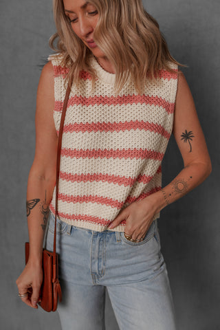 women modeling a cream and blush stripe sleeveless sweater style top