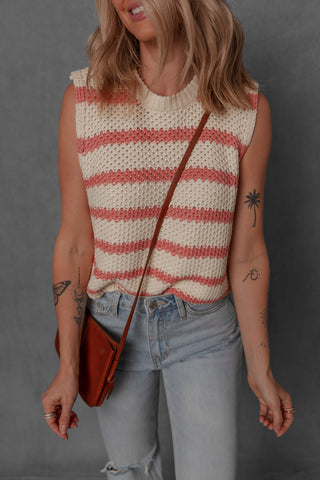 women modeling a cream and blush stripe sleeveless sweater style top