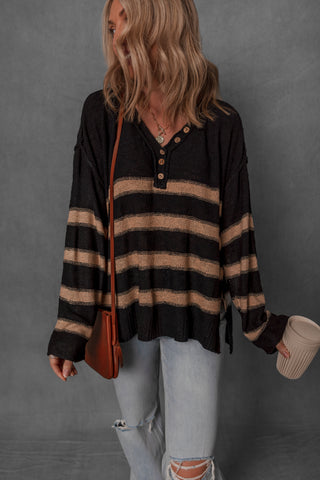women modeling a black and tan stripe henley sweater
