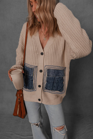 women modeling a knit sweater with denim pockets